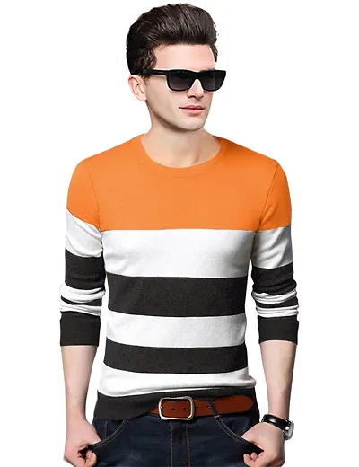 Branded Striped Cotton Round Neck T Shirt