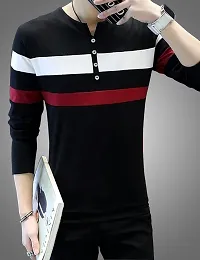 Men's Black Striped Cotton Round Neck Tees-thumb2