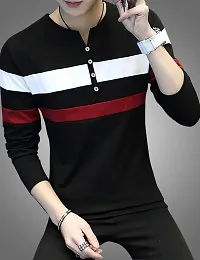 Men's Black Striped Cotton Round Neck Tees-thumb1