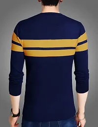 Men's Navy Blue Striped Cotton Round Neck Tees-thumb2