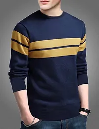 Men's Navy Blue Striped Cotton Round Neck Tees-thumb1