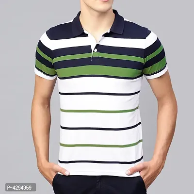 Men's White Striped Cotton Polos-thumb0