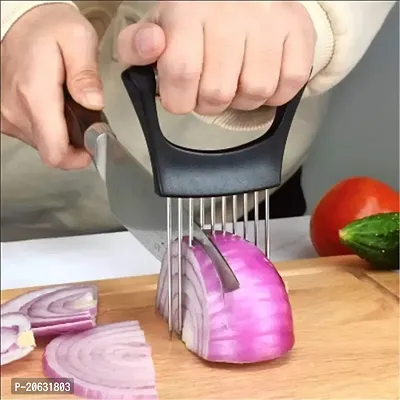 Food Slice Assistant Onion Holder Slicer - Stainless Steel Vegetable Holder Tomato Slicer Meat Slicer, Cutting Kitchen Gadget Onion Cutter,Kitchen Vegetable Slicing Aids(Black)-thumb3