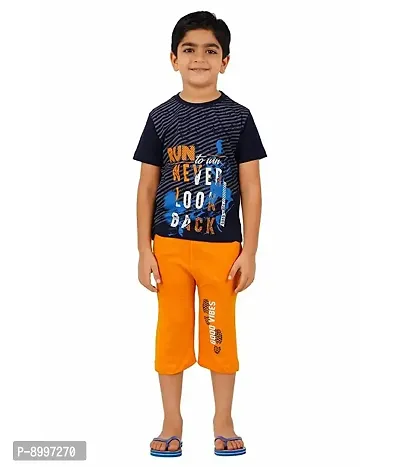 Stylish Cotton Printed Round Neck Short Sleeves T-shirt With Capri For Kids-thumb0