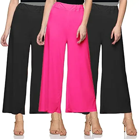 SAGEVI New Ultra Soft/Comfortable Malai Lycra Palazzo for Women/Girl Pack of 3 (Colour : Black, Beige, Pink, Red)