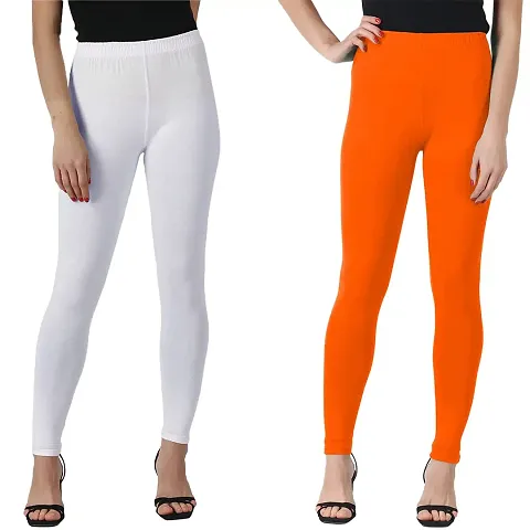 SAGEVI Winter Woolen Ankle Length Leggings for Women & Girls (Pack 2,White, Orange)