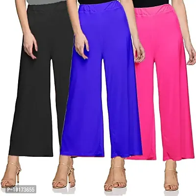 SAGEVI New Ultra Soft/Comfortable Malai Lycra Palazzo for Women/Girl Pack of 3 (Colour : Green, Grey, Orange, Navy Blue)