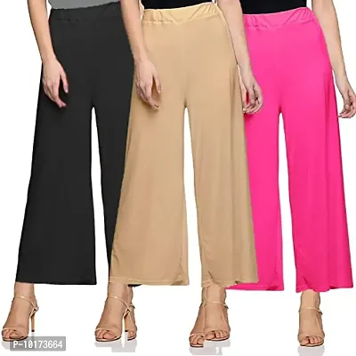 SAGEVI New Ultra Soft/Comfortable Malai Lycra Palazzo for Women/Girl Pack of 3 (Colour : Black, Maroon, Brown, Coral)