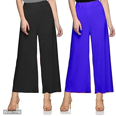 SAGEVI New Ultra Soft/Comfortable Malai Lycra Palazzo for Women/Girl Pack of 2 (Colour : Black,Royal Blue)-thumb0