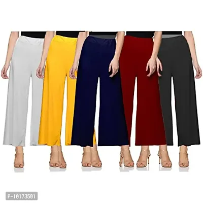 SAGEVI New Ultra Soft/Comfortable Malai Lycra Palazzo for Women/Girl Pack of 5 (Colour : Black, White, Maroon, Yellow, Navy Blue) Loose-thumb0