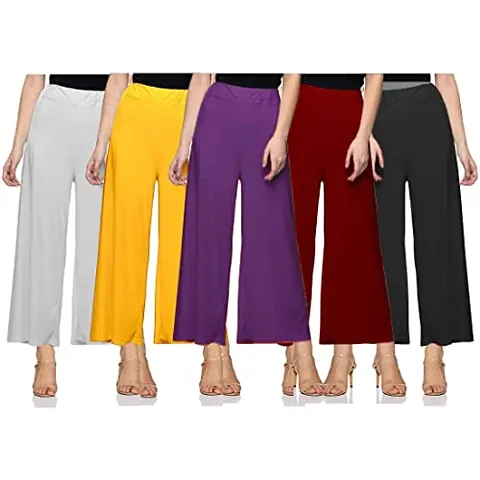 SAGEVI New Ultra Soft/Comfortable Malai Lycra Palazzo for Women/Girl Pack of 5 (Colour : Black, White, Maroon, Orange, Green) Loose