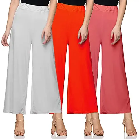 SAGEVI New Ultra Soft/Comfortable Malai Lycra Palazzo for Women/Girl Pack of 3 (Colour : Black, Beige, Pink, Coral)