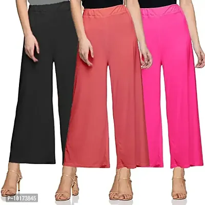 SAGEVI New Ultra Soft/Comfortable Malai Lycra Palazzo for Women/Girl Pack of 3 (Colour : Black, Maroon, Orange, BlackL)