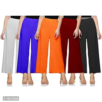 SAGEVI New Ultra Soft/Comfortable Malai Lycra Palazzo for Women/Girl Pack of 5 (Colour : Black, White, Maroon, Royal Blue, Orange)