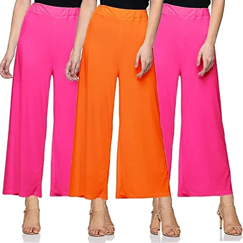 SAGEVI New Ultra Soft/Comfortable Malai Lycra Palazzo for Women/Girl Pack of 3 (Colour : Black, Beige, Pink, Coral)