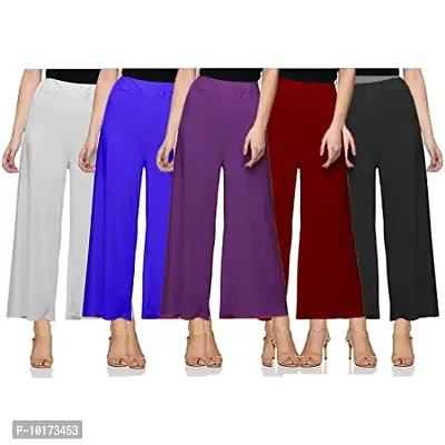 SAGEVI New Ultra Soft/Comfortable Malai Lycra Palazzo for Women/Girl Pack of 5 (Colour : Black, White, Maroon, Royal Blue, Purple) Loose