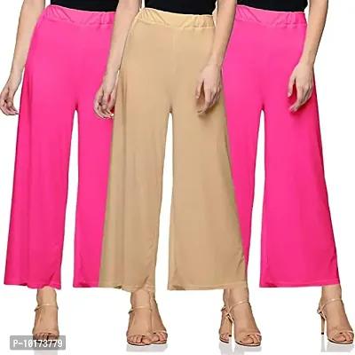 SAGEVI New Ultra Soft/Comfortable Malai Lycra Palazzo for Women/Girl Pack of 3 (Colour : Black, Beige, Pink, Coral)-thumb0