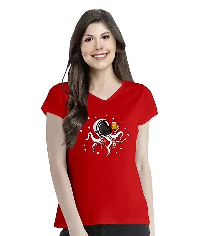 OPLU Women's Regular Fit Octopus in Space Graphic V Neck Half Sleeves Space, Science, Trendy, Trending Tees and Tshirts, Pootlu.