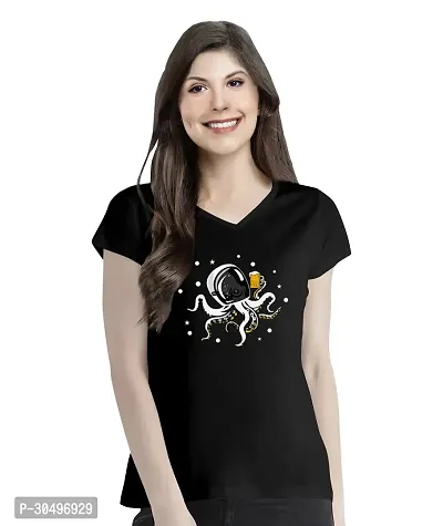 Stylish Black Cotton Blend T-Shirt For Women-thumb0