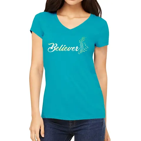 OPLU Women's Regular Fit Tshirt Believer V Neck Half Sleeves T Shirt. Text, Trending, Stylish Tshirts