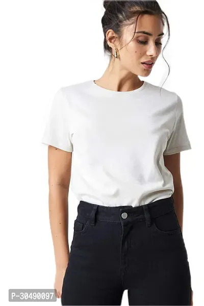 Elegant White Cotton Blend Solid T-Shirts For Women-thumb0