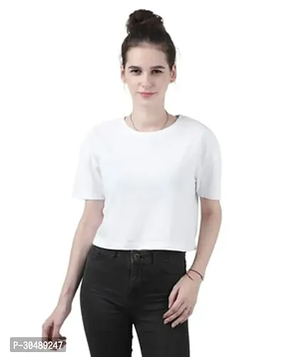 Elegant White Cotton Blend Solid T-Shirts For Women-thumb0