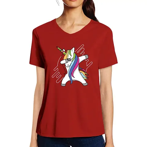 Pooplu Women's Regular Fit Unicorn Dab V Neck Half Sleeves Tshirt. Animal Tshirts