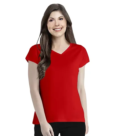 Pooplu Women's Regular Fit Plain V Neck Half Sleeves 100% Pootlu T Shirt. Stylish, Casual Tshirts