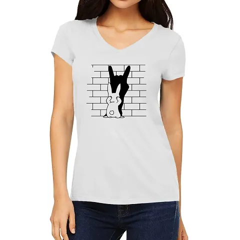 OPLU Graphic Women Tshirt Rabbit Wall V Neck Half Sleeves Trending, College, College N Tees and Tshirts (White_XXXX-Large)