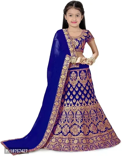 KRITIKA TEX Girl's Latest Rawsilk Semi-stitched lehenga choli and Dupatta set(Blue, 10-11 Years)