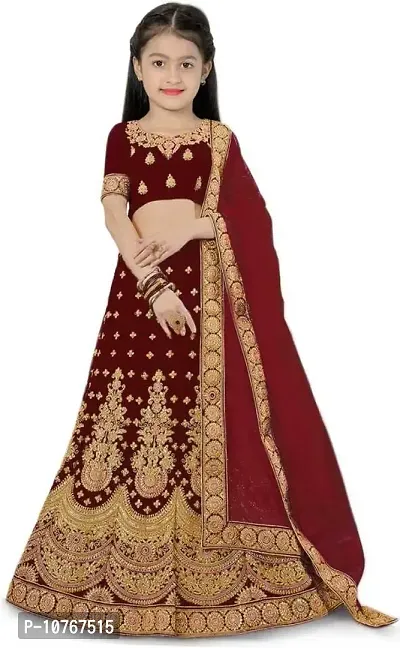 KRITIKA TEX Girl's Latest Rawsilk Semi-stitched lehenga choli and Dupatta set(Maroon, 7-8Years)-thumb0