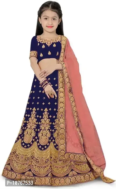 KRITIKA TEX Girl's Latest Rawsilk Semi-stitched lehenga choli and Dupatta set(Blue, 14-15 Years)-thumb0