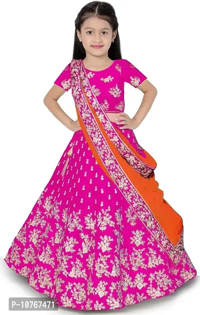 KRITIKA TEX Girl's Latest Rawsilk Semi-stitched lehenga choli and Dupatta set(Pink, 8-9 Years)