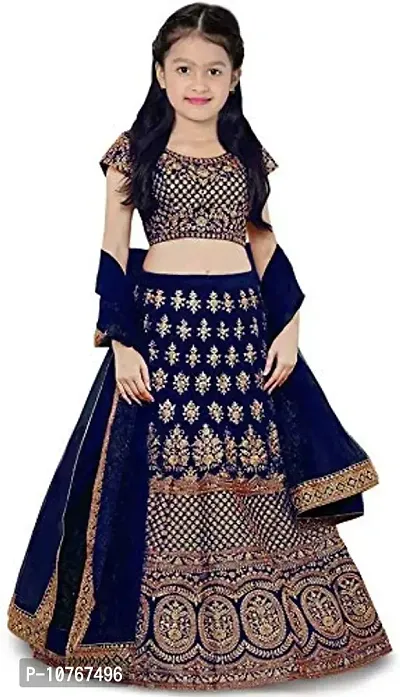 KRITIKA TEX Girl's Latest Rawsilk Semi-stitched lehenga choli and Dupatta set(Blue, 9-10 Years)-thumb0