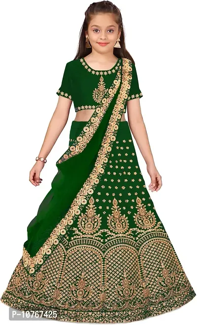 KRITIKA TEX Girl's Latest Rawsilk Semi-stitched lehenga choli and Dupatta set(Green, 6-7 Years)