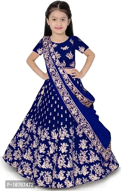 KRITIKA TEX Girl's Latest Rawsilk Semi-stitched lehenga choli and Dupatta set(Blue, 9-10 Years)