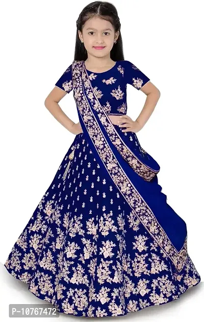 KRITIKA TEX Girl's Latest Rawsilk Semi-stitched lehenga choli and Dupatta set(Blue, 9-10 Years)-thumb0