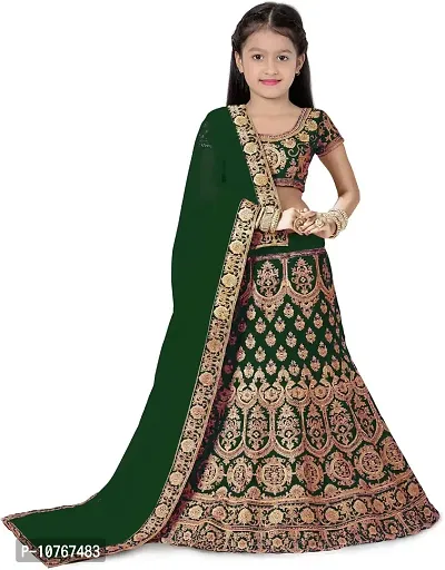 KRITIKA TEX Girl's Latest Rawsilk Semi-stitched lehenga choli and Dupatta set(Green, 5-6 Years)