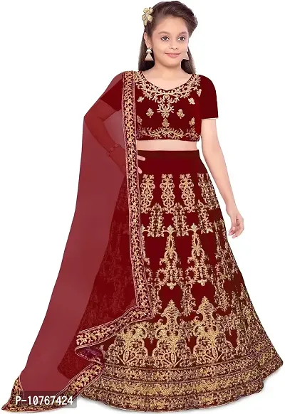 KRITIKA TEX Girl's Latest Rawsilk Semi-stitched lehenga choli and Dupatta set(Maroon, 7-8Years)