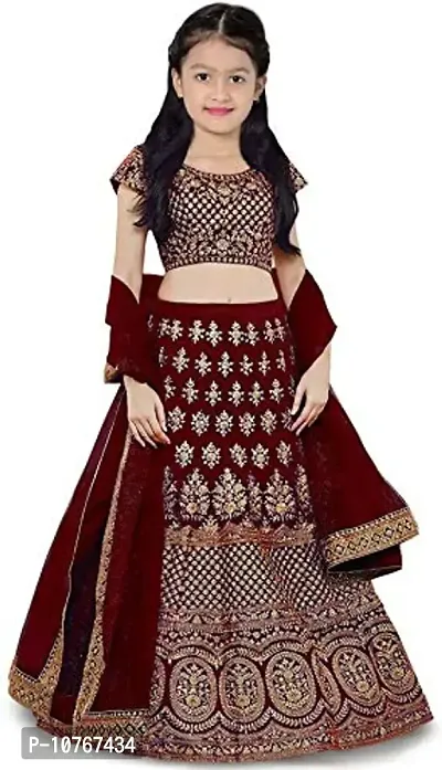 KRITIKA TEX Girl's Latest Rawsilk Semi-stitched lehenga choli and Dupatta set(Maroon, 4-5Years)