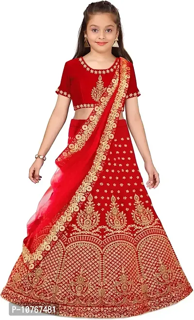 KRITIKA TEX Girl's Latest Rawsilk Semi-stitched lehenga choli and Dupatta set(Red, 12-13 Years)-thumb0