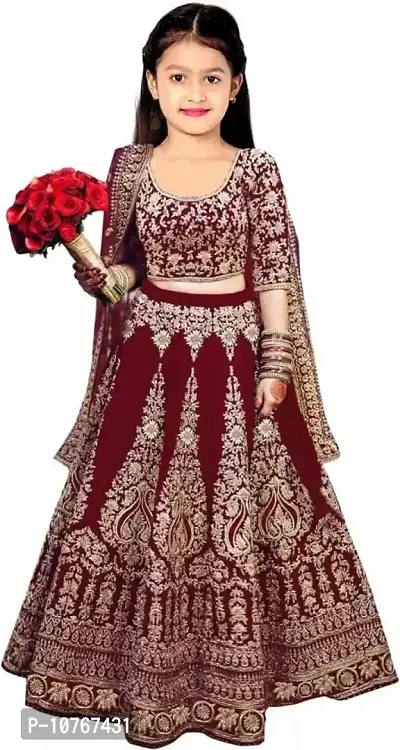 KRITIKA TEX Girl's Latest Rawsilk Semi-stitched lehenga choli and Dupatta set(Maroon, 13-14Years)