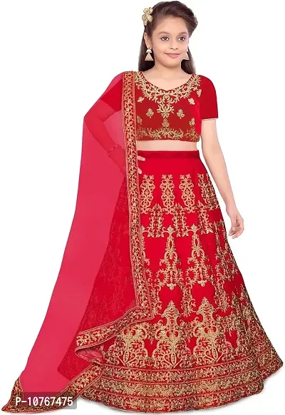 KRITIKA TEX Girl's Latest Rawsilk Semi-stitched lehenga choli and Dupatta set(Red, 9-10 Years)