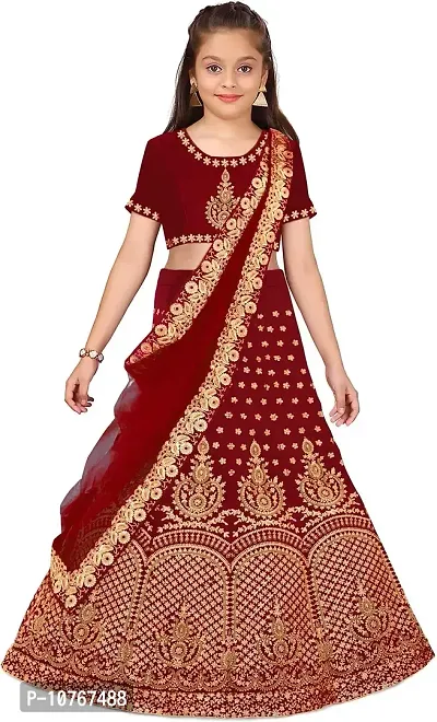 KRITIKA TEX Girl's Latest Rawsilk Semi-stitched lehenga choli and Dupatta set(Maroon, 11-12Years)