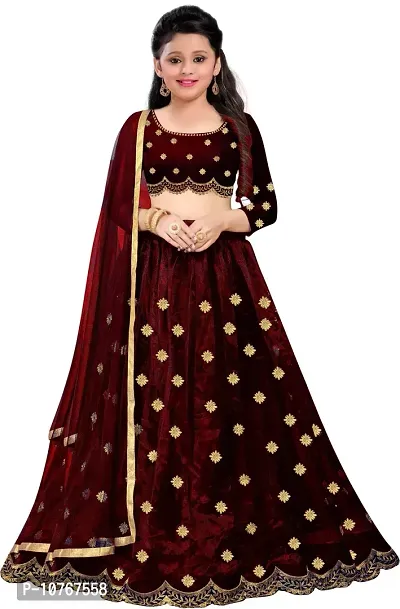 KRITIKA TEX Girl's Net Semi-stitched lehenga choli and Dupatta set(Maroon, 6-7Years)-thumb0