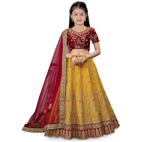 Femisha Creation Girls Taffeta Silk Lehenga Choli (10-11 Years, Yellow)