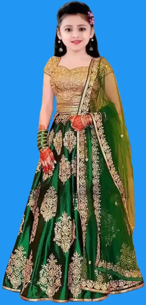 Heaven Fashion Girls' Taffeta Silk Semi-Stitched Lehenga Choli (7-8 Years, Green)