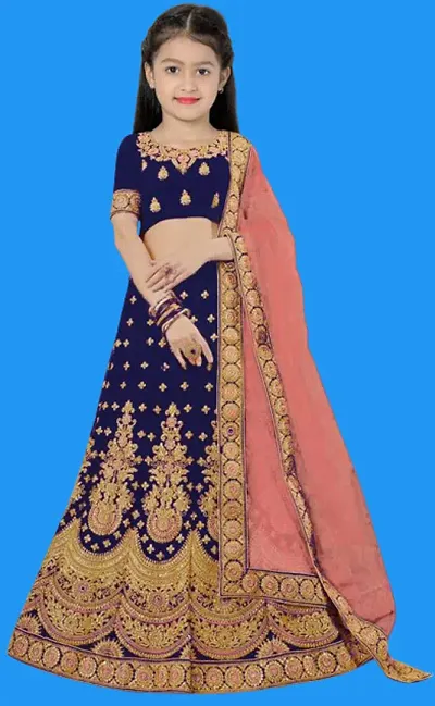 DEXNIL kids Satin Semi Stitched solid embroidered zari work Lehenga Choli Dupatta Set for girls 3-16 years