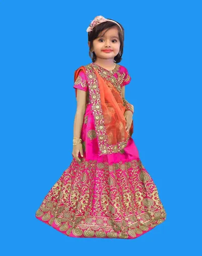 LUTION Girl's Tafetta satin Semi-stitched Lehenga Choli and Dupatta set