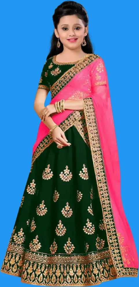 Clothes Shop Taffeta Satin Solid Designer Kids Girls Wedding Wear Semi Stitched Lehenga